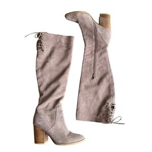 Steve Madden Sharna genuine suede knee high heeled boot taupe nude US 7 lace up